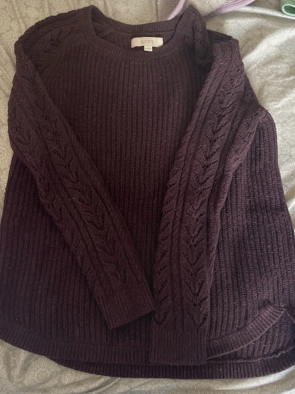 LOFT Women's Cable-Sleeve Crewneck Sweater - Plum